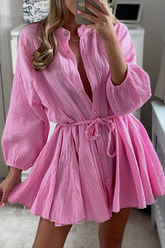 Vestido mini camisero de manga larga con cuello redondo y botones